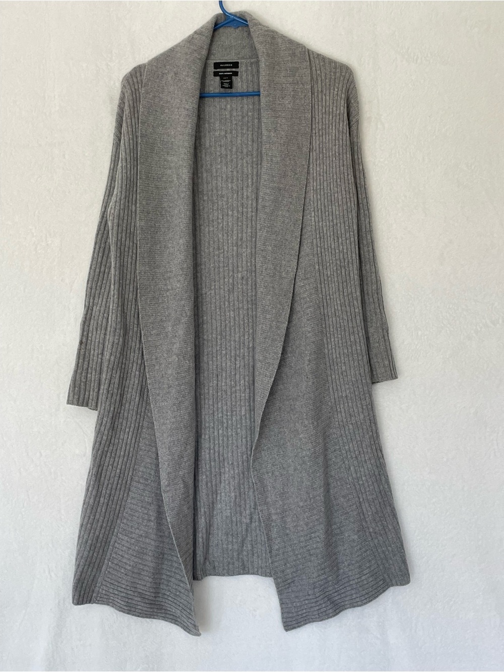 Halogen 100% Cashmere Gray Longline Cardigan Sweater Open Front Knit Duster